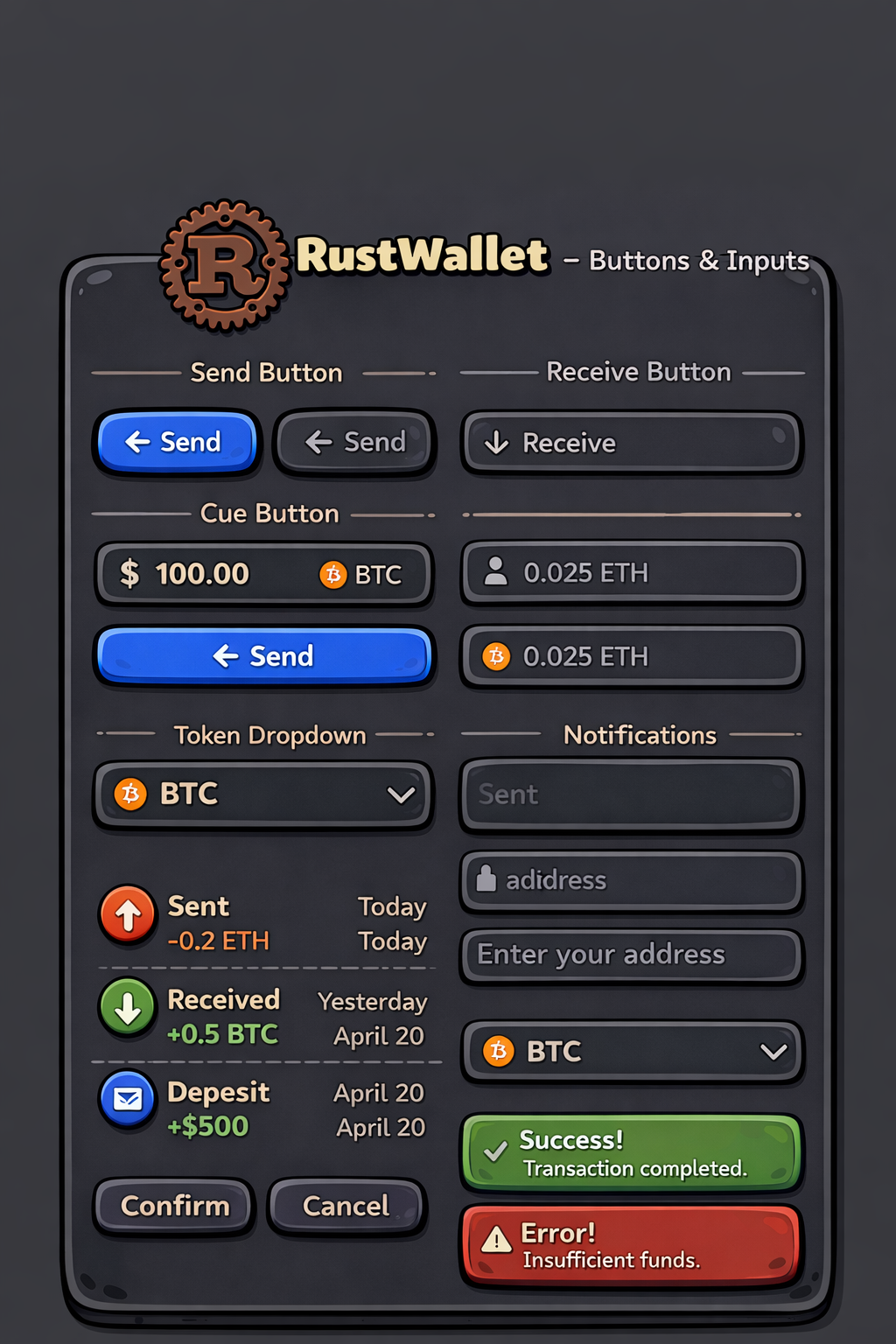 Wallet buttons and inputs
